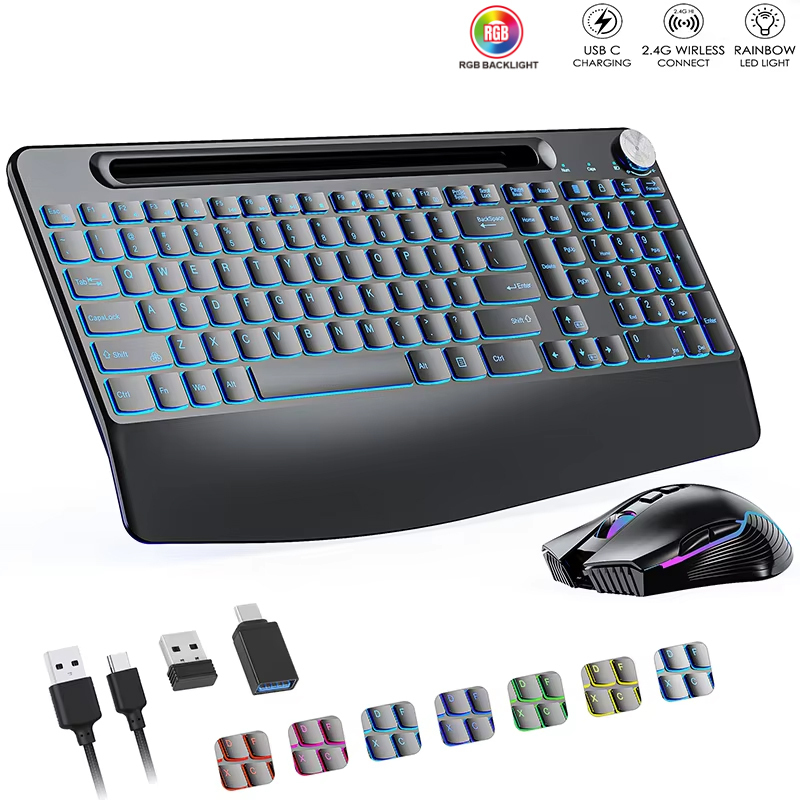 Gaming Keyboard Type C - ワイヤレスキーボードとマウスのセットCタイプ,リストレスト付き,RGBバックライト,PC,ラップトップ,ウィンドウ,ジグラー用の充電式サイレントセット,2.4g