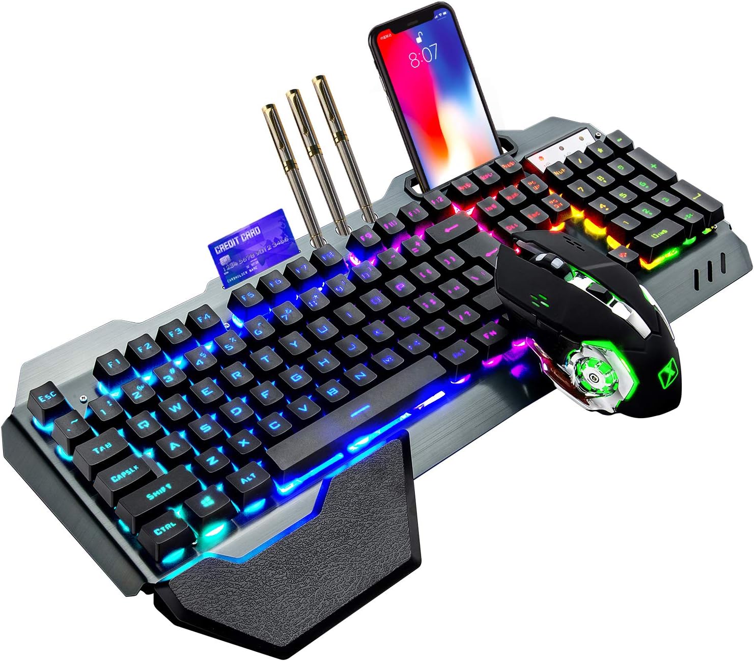 Gaming Keyboard And Mouse Wireless - K680ワイヤレスゲーミングキーボードとマウスの組み合わせ、レインボーLEDバックライト付きキーボード、充電式3800mAhバッテリー、金属パネル