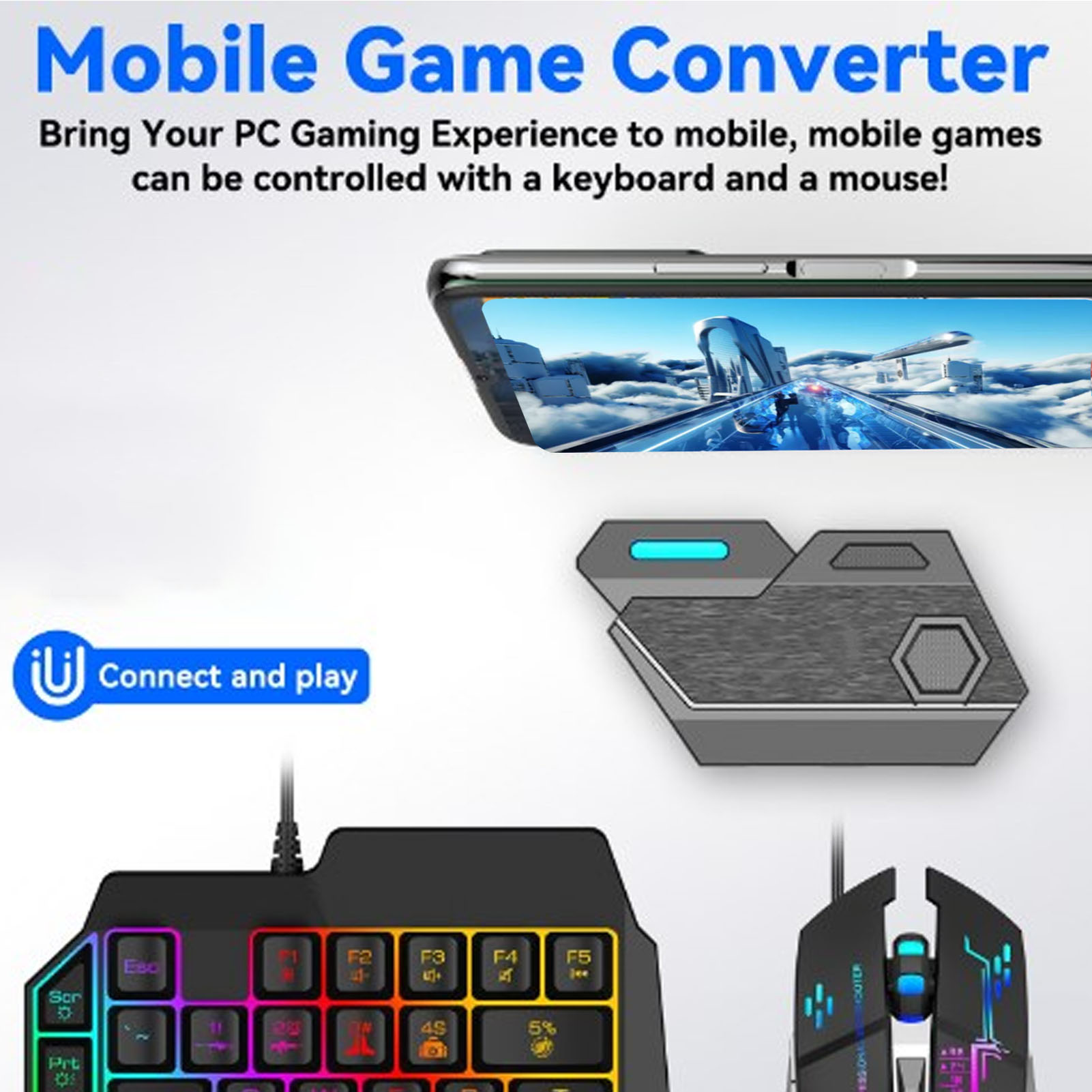 Gaming Keyboard And Mouse Mobile - モバイルゲームコンボパック Bluetooth接続 片手キーボードマウスコンボ ゲーム用調整可能な電話ホルダー付きで応答性が高い