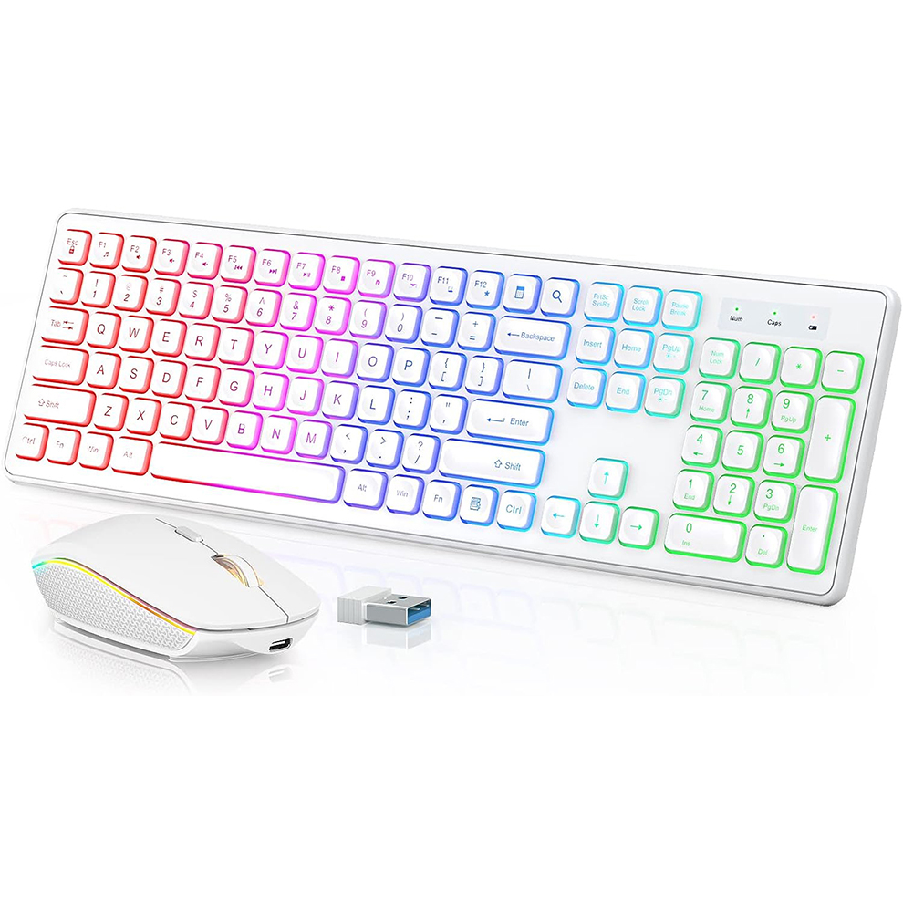 Gaming Keyboard And Mouse Wireless - バックライト付きワイヤレスキーボードとマウス、静かなライトアップキー、傾斜脚、コンピュータ、PC、ラップトップ用の充電式USBコードレスコンボ